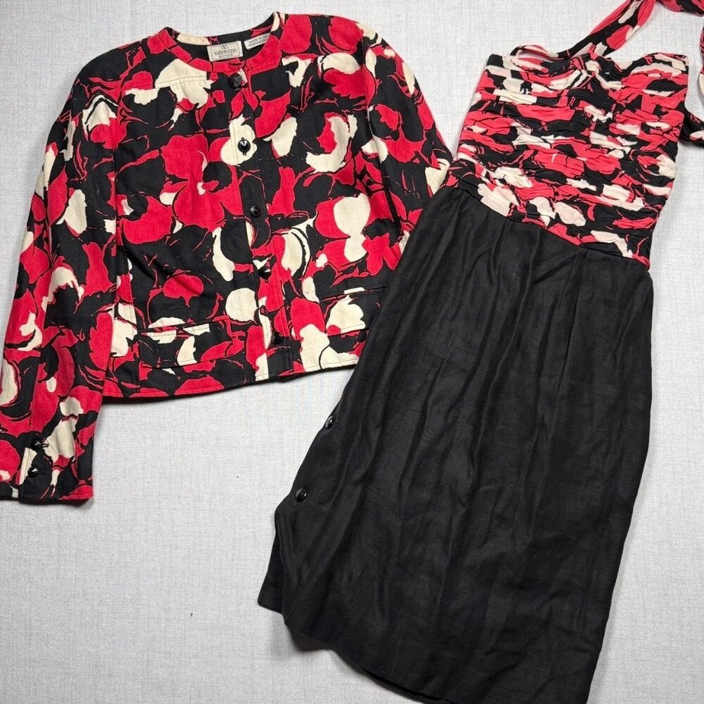 Vintage Valentino Boutique Ruched Floral Print Dress & Short Jacket Set Size 12